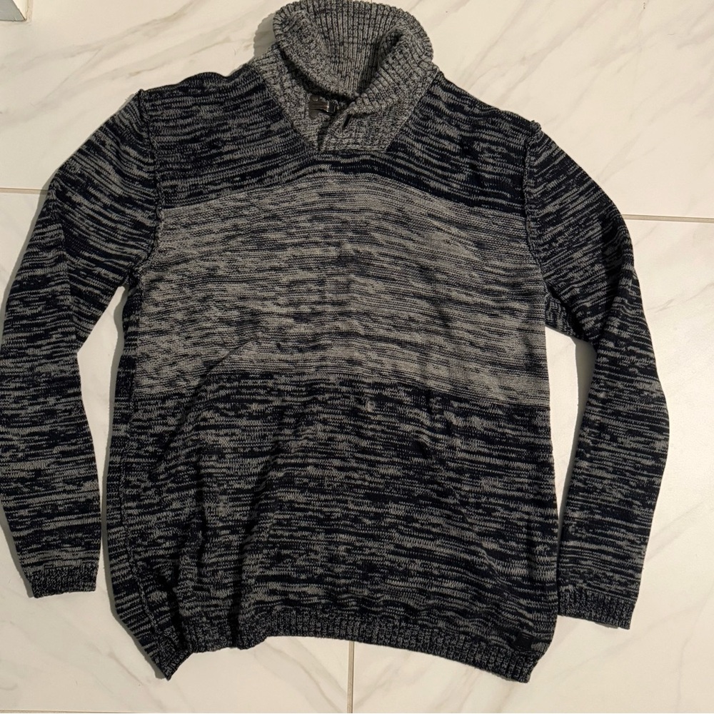 Mens Knit Sweater Shawl Collar Gray Blue Pullover Cozy Warm Casual Style
